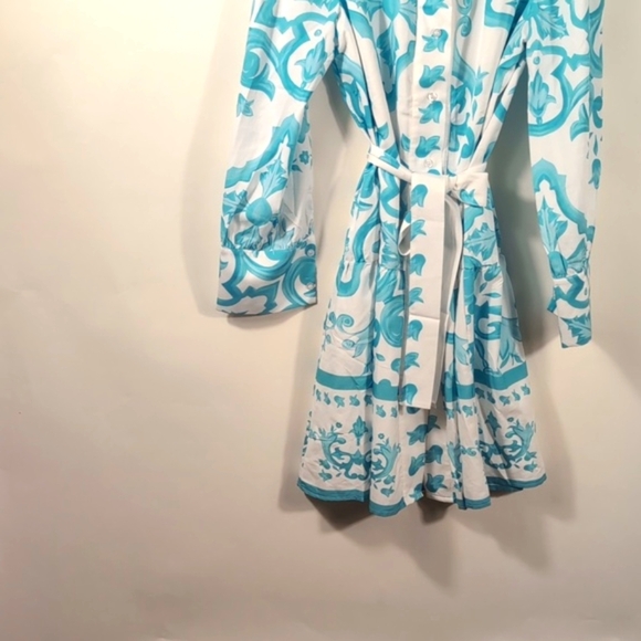 LUNE Allover Print Shirt Dress Size Large | Belted Tie Waist Midi | Day to Night - Picture 4 of 15